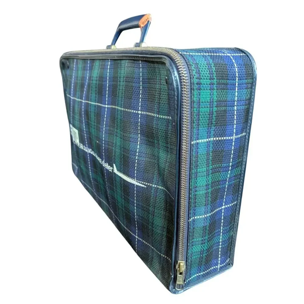 Vtg UTA French Airlines Cabin Suitcase Tartan Plaid Carry On Bag Small 1950s